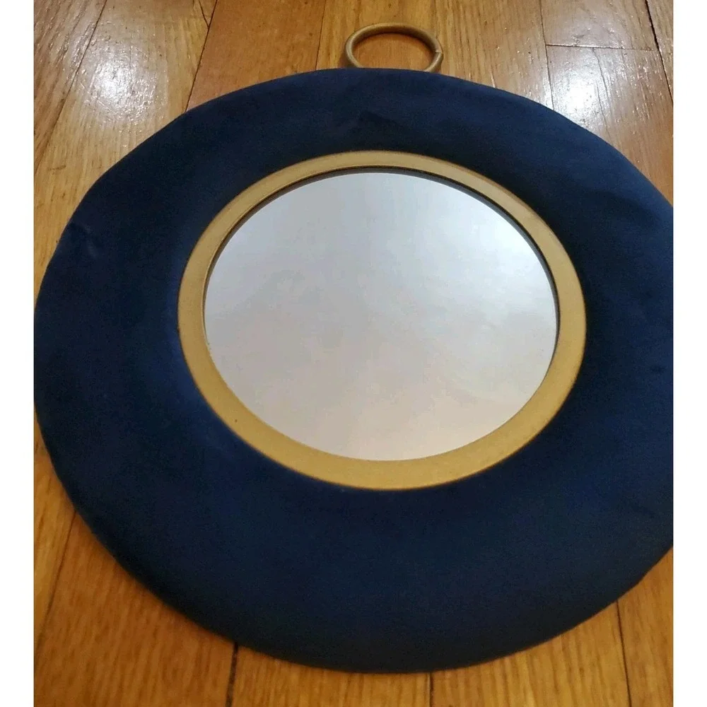 Blue Velvet Framed Hanging Mirror Retro Brass Colored Hanging